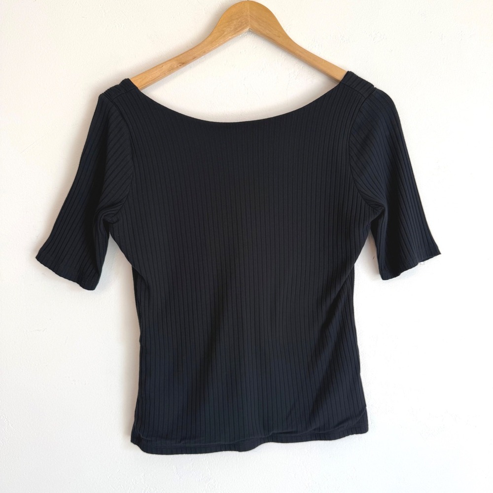 Abercrombie & Fitch Ribbed Top Black M Wide Scoop Neck Chic Minimalist Basic